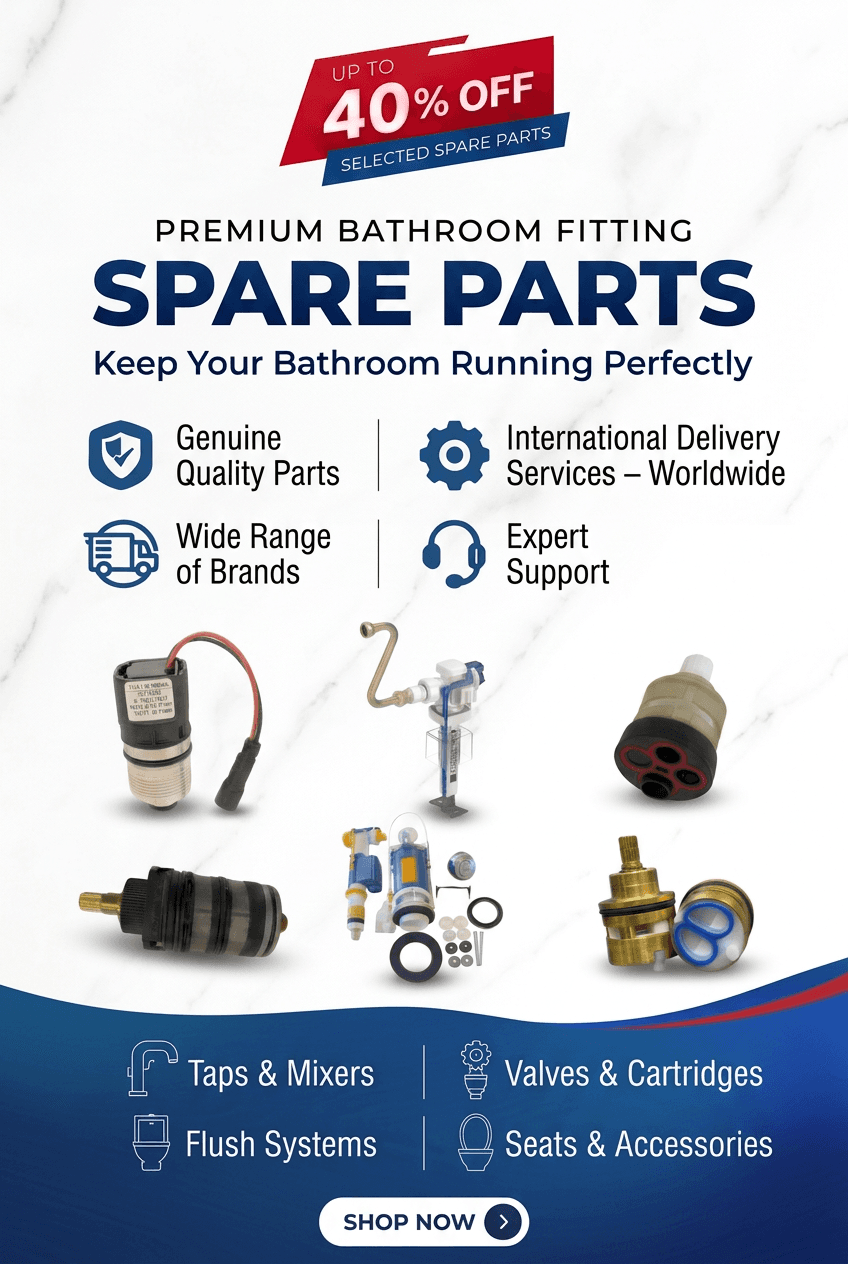 Premium bathroom fitting spare parts, up to 40% off selected spare parts, keep your bathroom running perfectly — genuine quality parts, international delivery services worldwide, wide range of brands, expert support; taps and mixers, flush systems, valves and cartridges, seats and accessories